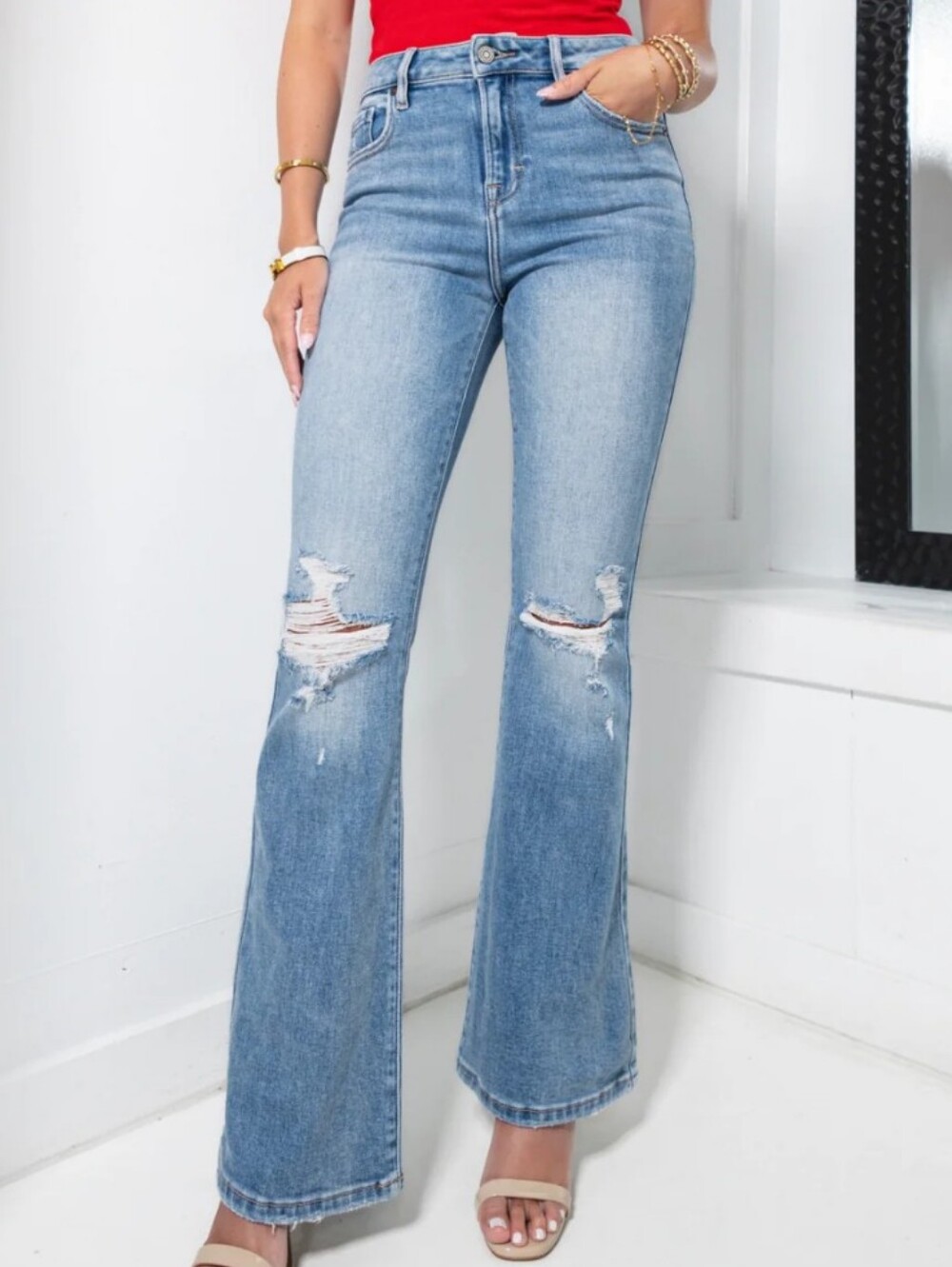 Light Blue Distressed High-Rise Flare Jeans